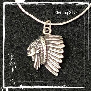 Sterling Silver Indian Chief Headdress Pendant Necklace Vintage